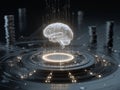 A Glowing Digital Brain Hovers Above a High-Tech Circuitry with Pulsating Lights and Data Streams in a Futuristic Setting Royalty Free Stock Photo
