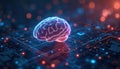 Glowing digital brain hovers over intricate circuit board. Futuristic AI visualization displays data insights and network Royalty Free Stock Photo
