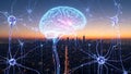 Glowing digital brain and neurons overlay a vast city skyline at sunset symbolizing artificial intelligence and connectivity Royalty Free Stock Photo