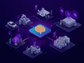 Digital Network Connecting Diverse Industries With Central Brain AI In Futuristic Purple Ambiance Royalty Free Stock Photo