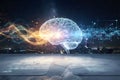 Glowing digital brain structure with data waves in futuristic style on rooftop at night, concept of technology and Royalty Free Stock Photo