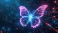 Glowing digital butterfly flies in dark tech background. Illustration shows innovation, data, future progress, connectivity. Royalty Free Stock Photo