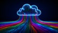 Digital Cloud Computing Concept with Rainbow Data Streams on Dark Background technology network Royalty Free Stock Photo