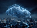 Abstract Digital Cloud Data Network Over Cityscape At Night With Blue Lights Royalty Free Stock Photo