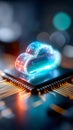 Glowing digital cloud icon emerging from a microchip with neon streams of data Royalty Free Stock Photo
