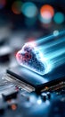 Glowing digital cloud icon emerging from a microchip with neon streams of data Royalty Free Stock Photo