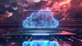 Neon Cloud Computing Network Streaming Data Through Laptop Interface Royalty Free Stock Photo
