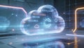 Futuristic digital cloud for cloud computing and storage with glowing data streams and binary code for virtual infrastructure Royalty Free Stock Photo