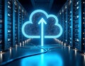 Glowing digital cloud with upward arrow in server room cloud computing data center Royalty Free Stock Photo