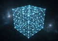 A glowing, digital cube composed of interconnected blue points Royalty Free Stock Photo