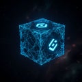 A glowing digital cube is depicted in a dark space background. The cube is composed Royalty Free Stock Photo