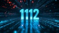 Glowing Digital 3D Number 1112 on Futuristic Tech Background with Streams of Binary Code Data Royalty Free Stock Photo