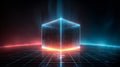 Glowing digital data cube encased in neon light rests upon a futuristic grid platform radiating intense contrasting red and blue Royalty Free Stock Photo