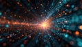 Glowing digital data streams in abstract cyberspace. Blue and orange light particles flow. Modern tech design element. Futuristic Royalty Free Stock Photo