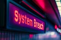 Glowing digital display with red warning text reading system breach in a dark futuristic environment Royalty Free Stock Photo