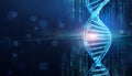 glowing digital DNA strand with flowing binary code symbolizes integration and innovation in biotechnology. vibrant blue hues