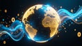 Glowing Digital Earth with Global Data Wave Connections Royalty Free Stock Photo
