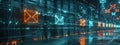 Glowing digital envelopes float amidst a futuristic data network with neon lights and circuits. Royalty Free Stock Photo