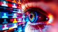 Glowing digital eye scans social media profiles, symbolizing abstraction of search algorithms