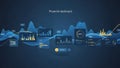 Futuristic digital financial dashboard with glowing charts and data visualizations on a dark blue background Royalty Free Stock Photo