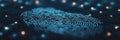 Glowing Digital Fingerprint On Blue Technology Background, Abstract Biometric Pattern.