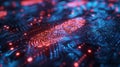 A glowing digital fingerprint integrated into a circuit board, representing advanced biometric security technology systems