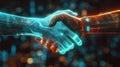 Glowing digital futuristic background. Handshake, concept of partnership, collaboration, AI
