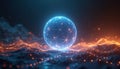 Glowing digital globe connects points with light lines. Abstract network mesh sphere floats over abstract landscape. Futuristic Royalty Free Stock Photo