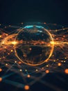 Glowing digital globe illuminated by flowing lines and points showcasing interconnected technology in a modern setting Royalty Free Stock Photo