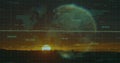 Glowing digital globe hovering above sunset horizon, overlaying grid and map showing data labels Royalty Free Stock Photo