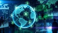 Digital globe with glowing network connections and data charts in a futuristic dark blue technological setting Royalty Free Stock Photo