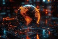 Glowing digital globe showcasing continents and grid patterns in a futuristic environment Royalty Free Stock Photo