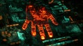 Glowing digital handprint composed of red code on futuristic circuit board background. Concept of cybersecurity