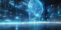 A glowing digital head profile with data and technology elements, symbolizing artificial intelligence