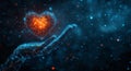 A glowing digital heart is held by a futuristic robot hand, representing the connection between technology, artificial Royalty Free Stock Photo