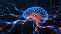 Glowing digital human brain connected to glowing fiber optic network lines over binary code Royalty Free Stock Photo