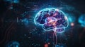 A glowing digital human brain with a dark blue background and abstract data Royalty Free Stock Photo