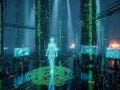 Digital Human Figure Standing in a Futuristic Cityscape with Binary Code image photo Royalty Free Stock Photo