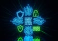 Glowing digital illustration featuring cybersecurity symbols on a dark Royalty Free Stock Photo