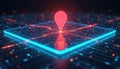 Glowing digital interface displays GPS location tracking on 3D map. Navigation route with animated lines connects points on Royalty Free Stock Photo
