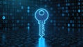 Glowing digital key with binary code background. Data security encryption access to cyberspace, networks, protection, online Royalty Free Stock Photo