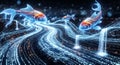 Glowing Digital Koi Fish Swim Through Futuristic Data Stream and Binary Code Royalty Free Stock Photo