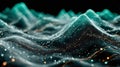A glowing digital landscape of flowing teal waves made of particles and grid lines forms an abstract futuristic data terrain with Royalty Free Stock Photo