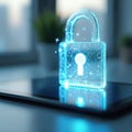 Glowing digital lock icon floats above tablet screen. Represents data security, time management, digital safety, online privacy, Royalty Free Stock Photo