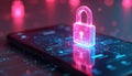 Glowing digital lock stands on smartphone screen secure messaging app. End to end encryption for privacy ensure confidential Royalty Free Stock Photo