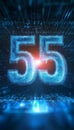 Glowing Digital Number 55 on a Futuristic Abstract Background with Blue Light Particles Royalty Free Stock Photo
