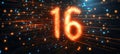 Glowing Digital Number 16 In Futuristic Style On An Abstract Stream Of Binary Code Background Royalty Free Stock Photo