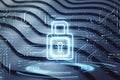 Glowing digital padlock with binary code background, concept of cybersecurity and data protection
