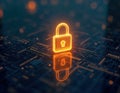 Glowing digital padlock cybersecurity, data protection. Illustration shows secure tech. Digital lock on dark background.