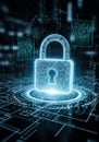 A glowing digital padlock floats within a futuristic, matrix-like environment. The Royalty Free Stock Photo